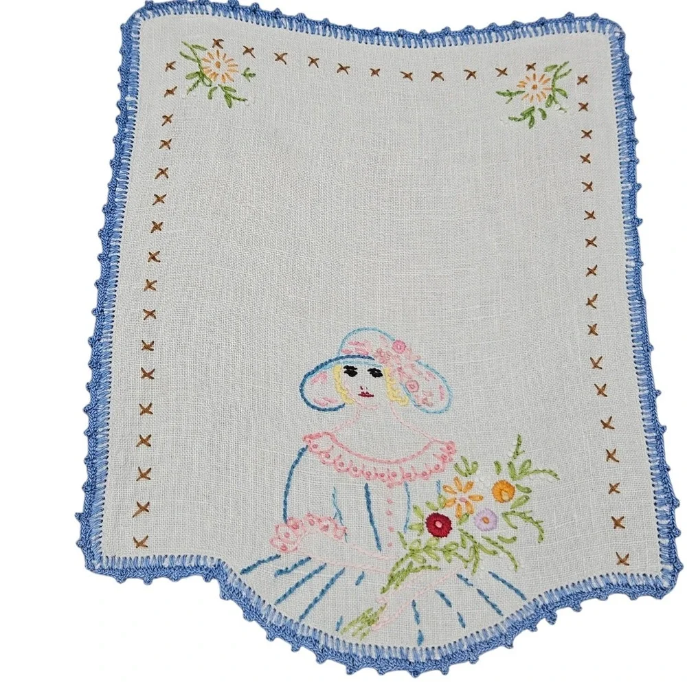 Vintage‎ Handmade Embroidered Linen Dresser Table Vanity Southern Belle Cottage